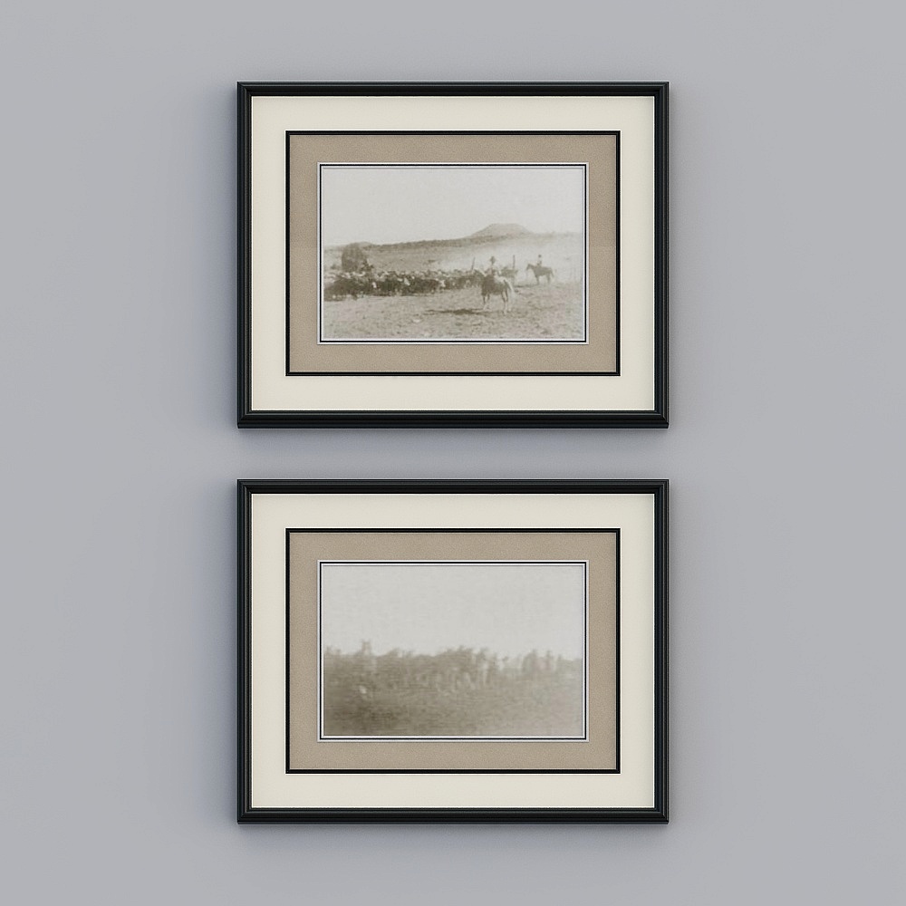 Two black picture frames with vintage photos and beige mats on grey background
