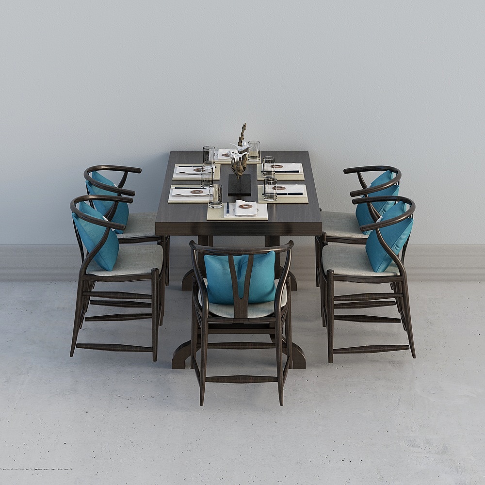 Dark wood dining table with six chairs and blue pillows on grey background