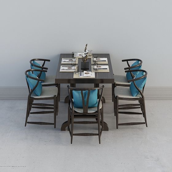 Dark wood dining table with six chairs and blue pillows on grey background