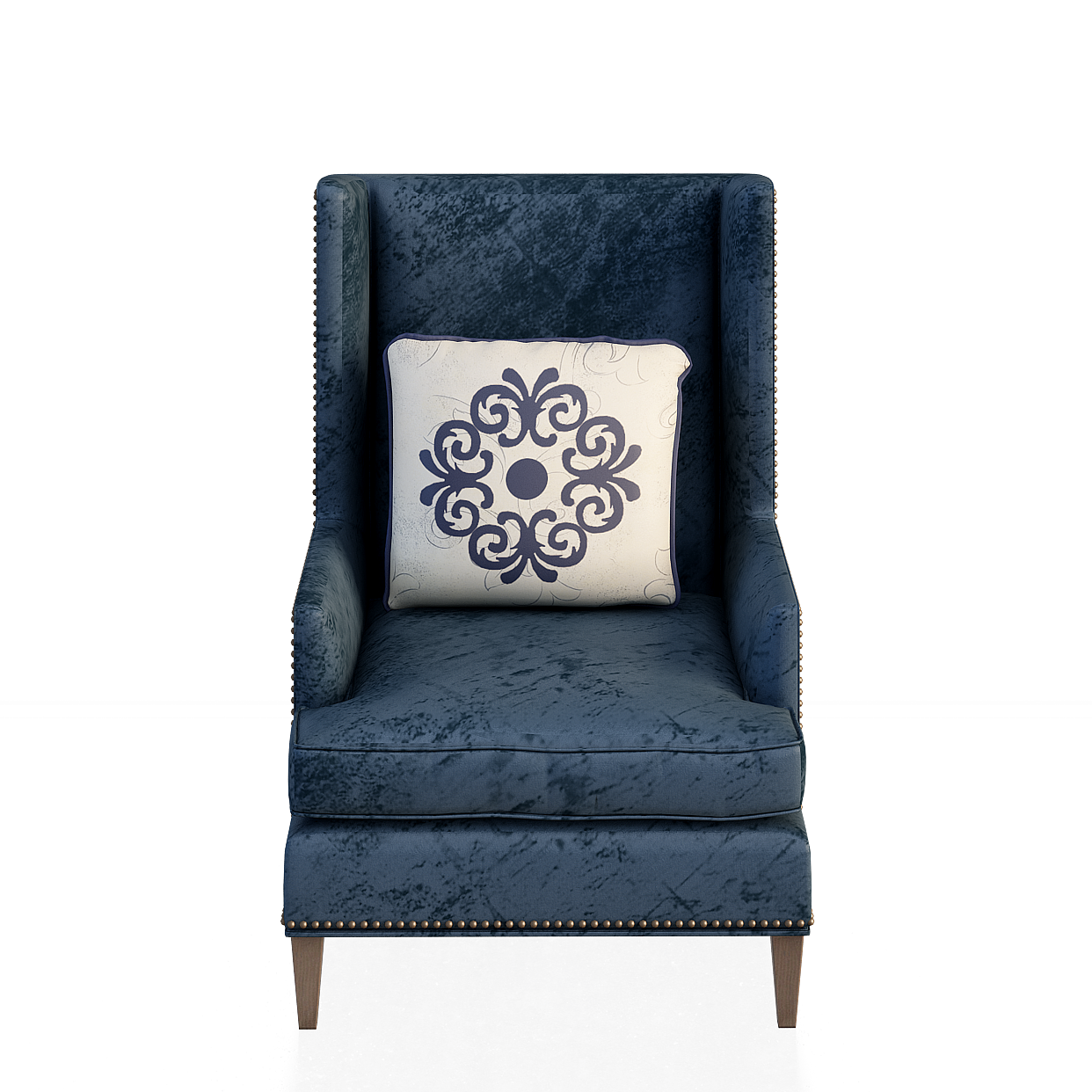 Velvet Wingback Chair 3D Model – Blue Velvet & Gold Studs