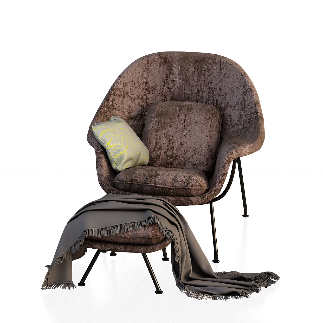 Elegant Low-Polygon 3D Armchair – Velvet and Metal Frame