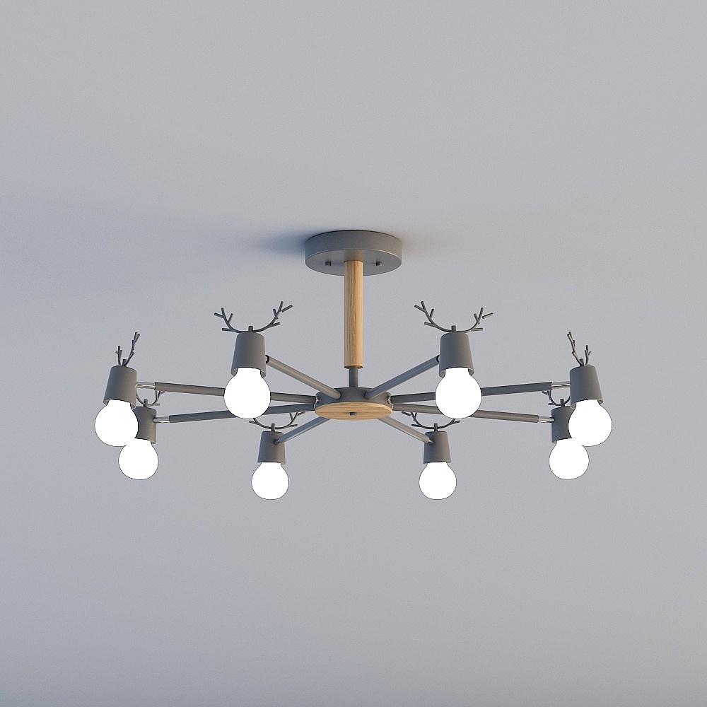 3D lights are all TY-Nordic Modern Guest Restaurant Bedroom Iron Wood Deer Head Chandelier-88062-8-Grey