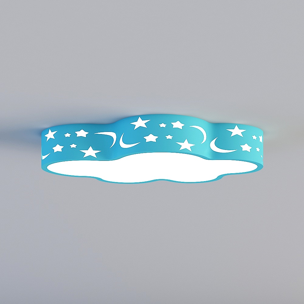 Blue ceiling light with white stars and moons pattern on grey background