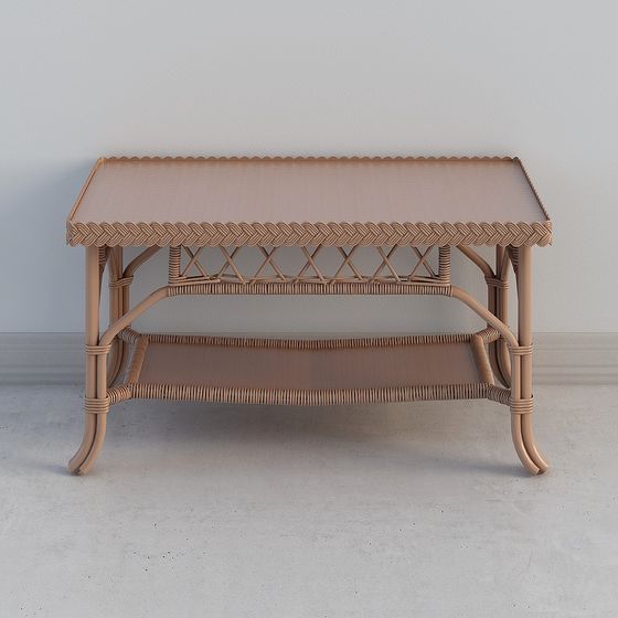 Light brown rattan console table with glass top and lower shelf on grey background