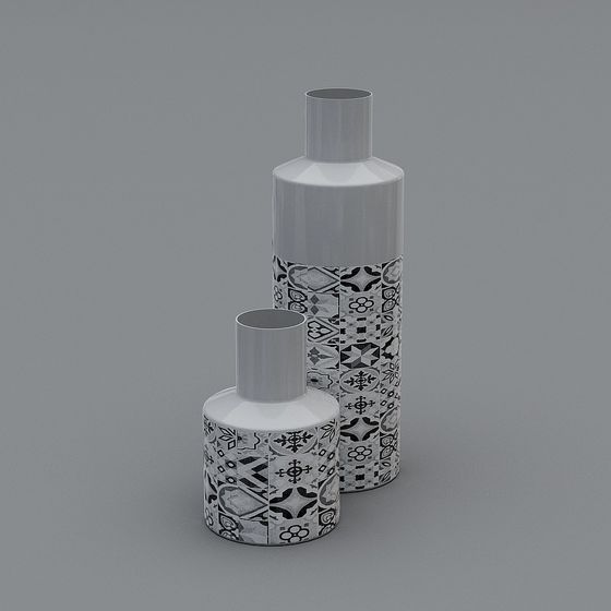 Two white ceramic vases with black geometric patterns on grey background
