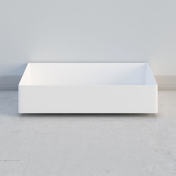 Modern white rectangular bathtub with smooth finish on grey background