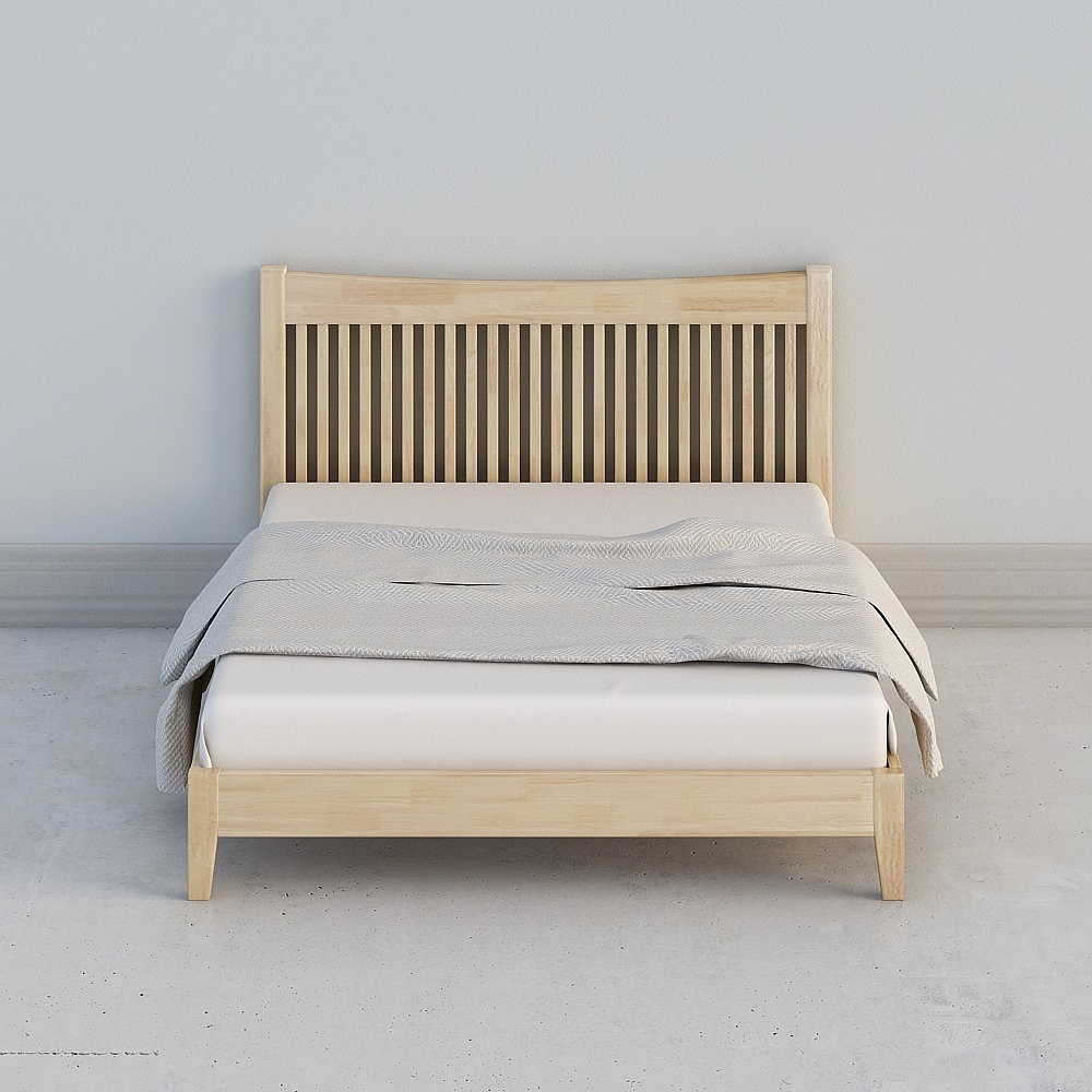 Modern light wood bed with slatted headboard and grey blanket on white background