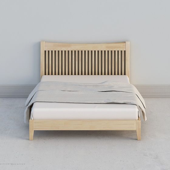Modern light wood bed with slatted headboard and grey blanket on white background