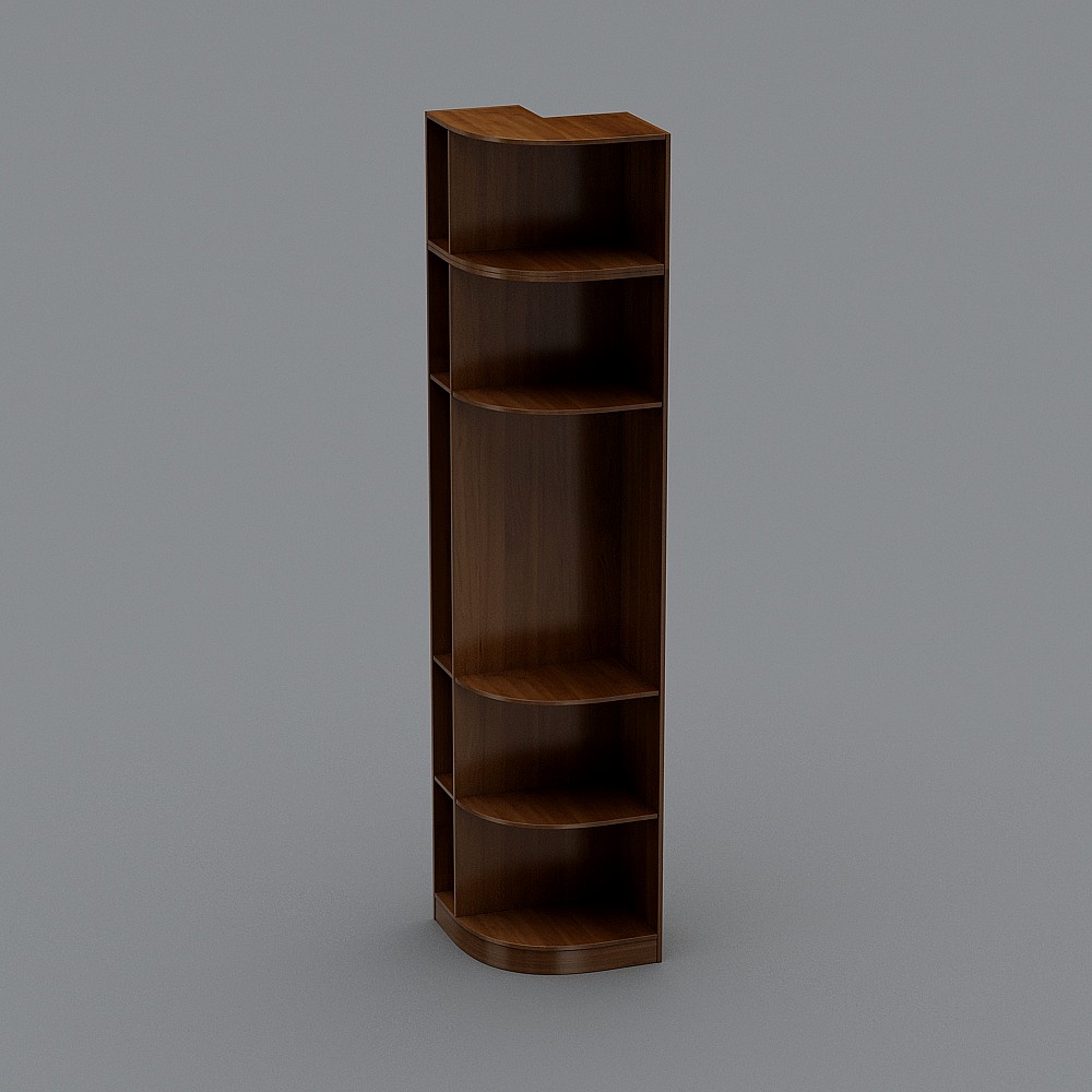 Tall dark brown wooden corner bookshelf with five shelves on grey background