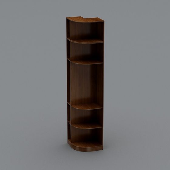 Tall dark brown wooden corner bookshelf with five shelves on grey background