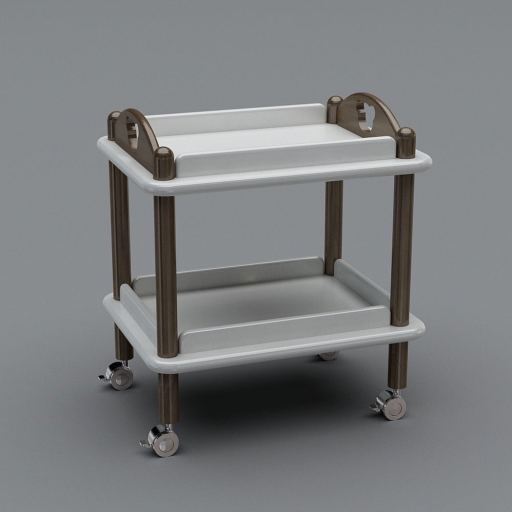 White two tier baby changing table with brown wood legs and wheels on grey background