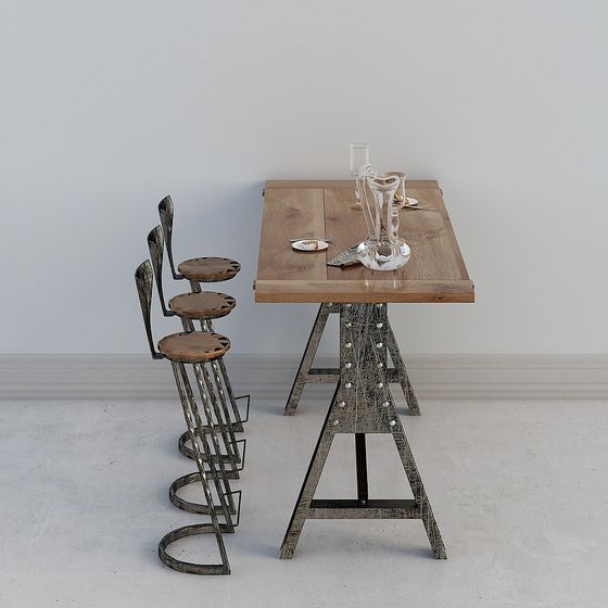 Vintage Industrial Bar Counter & Stools 3D model