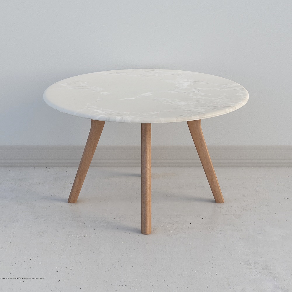 Round white marble coffee table with three wooden legs on light grey background