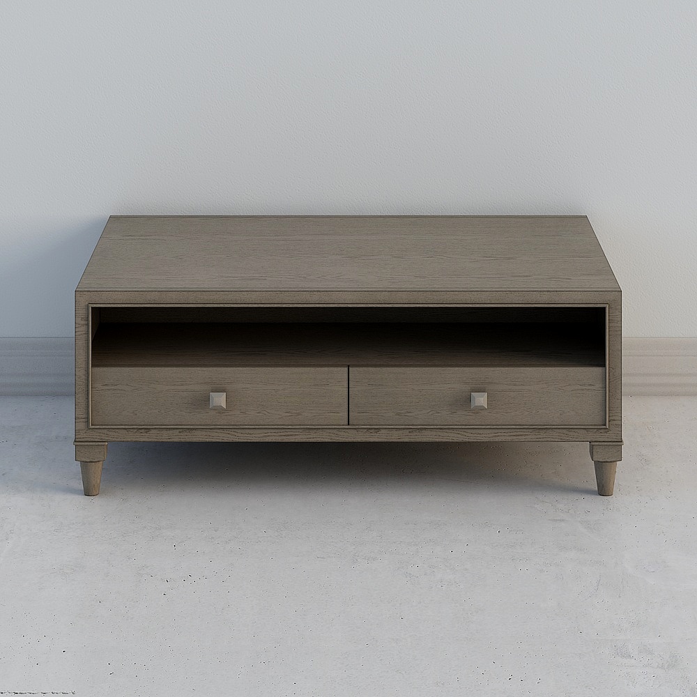 Modern grey wood TV cabinet with two drawers and open shelf on white background