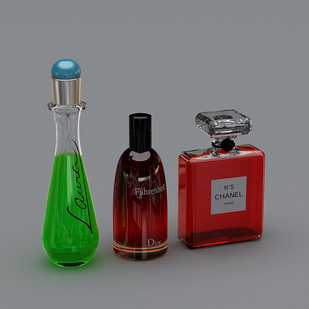 Three colorful glass perfume bottles with unique caps arranged on grey background