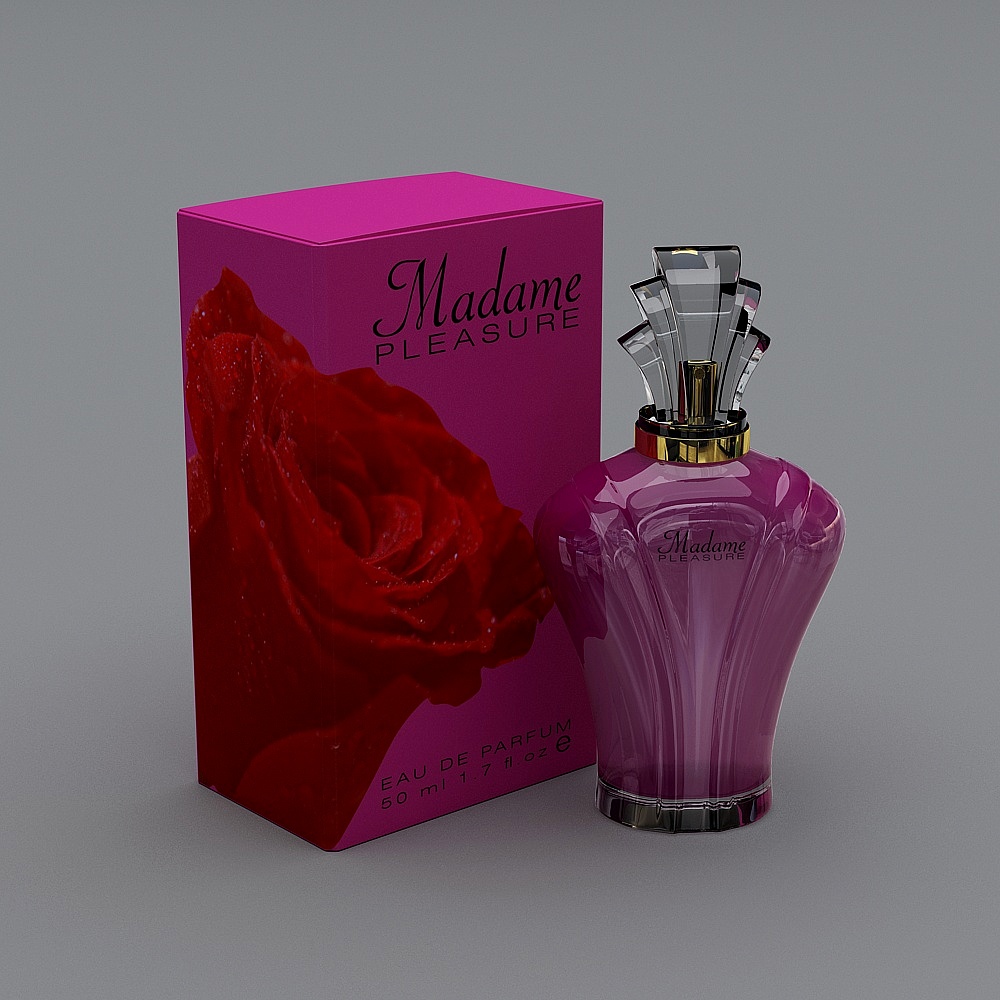 Pink glass perfume bottle with gold cap and pink box on grey background