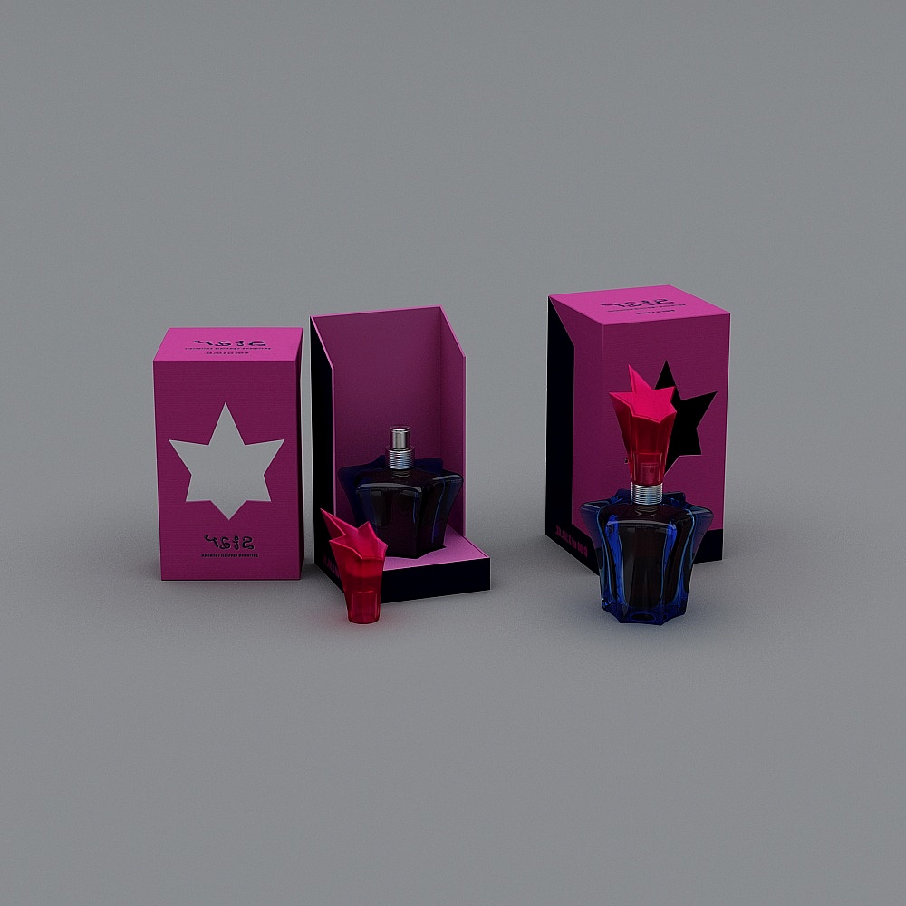 Three blue glass perfume bottles with pink star caps and pink boxes on grey background