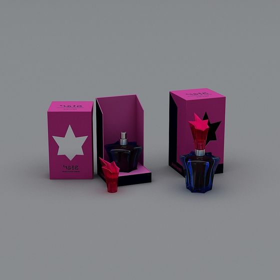 Three blue glass perfume bottles with pink star caps and pink boxes on grey background