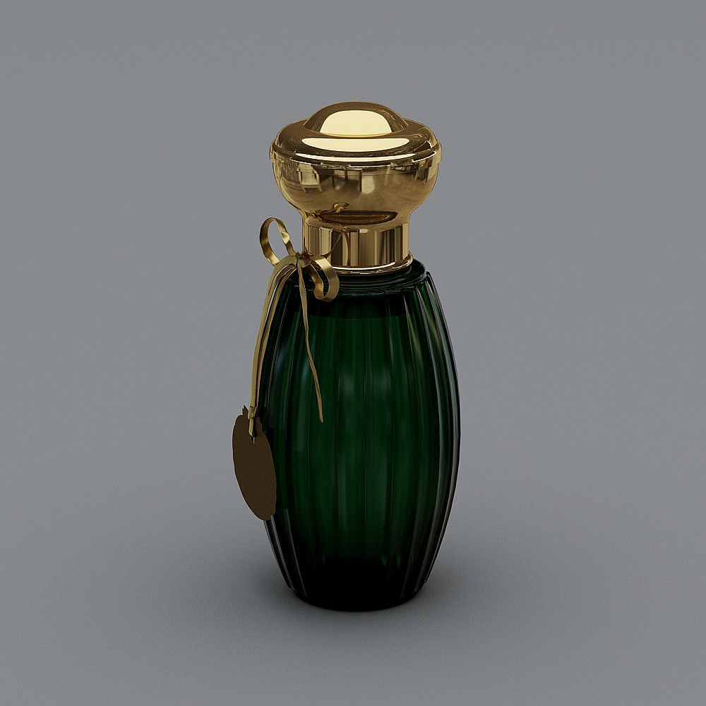 Elegant dark green glass perfume bottle with shiny gold cap and hanging tag on grey background