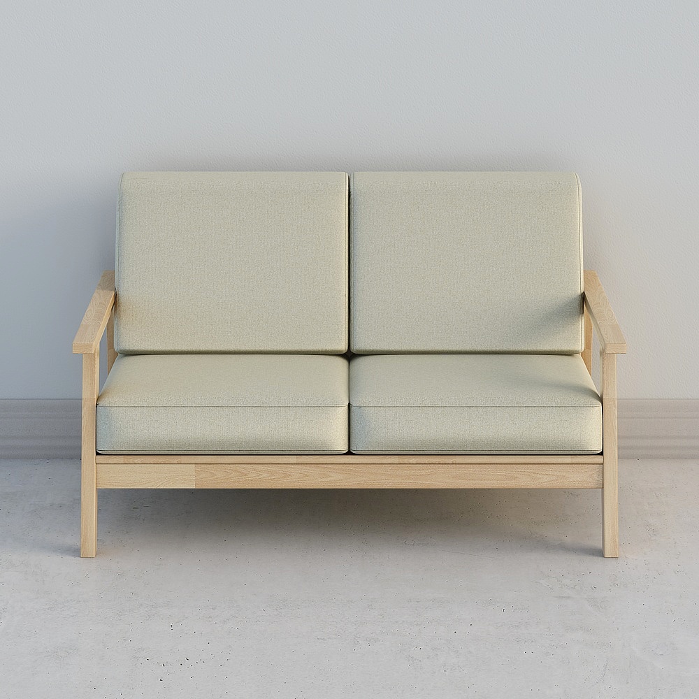 Modern two seat sofa with light wood frame and beige fabric cushions on white background