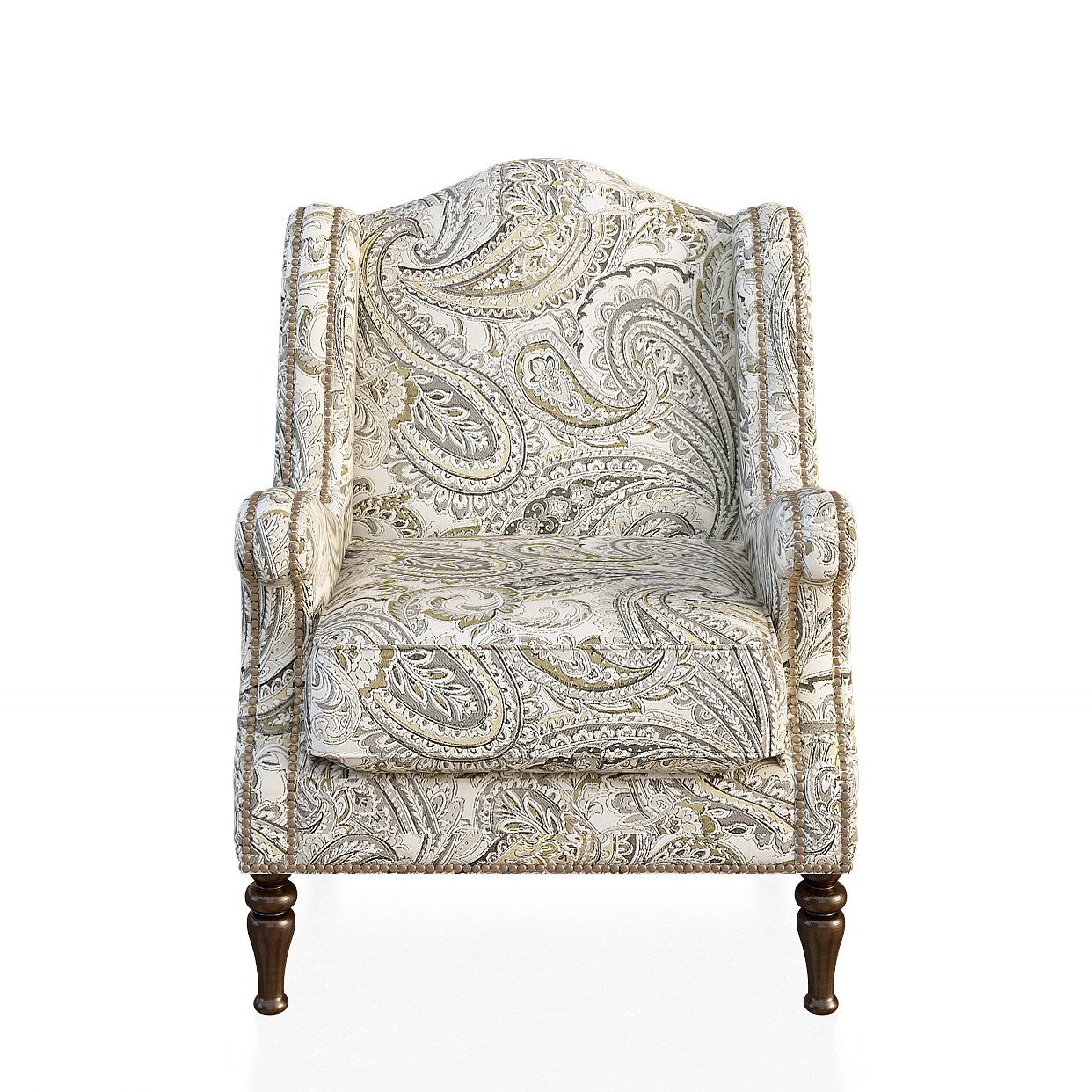 Cozy Paisley Armchair 3D Model – Earth-Tone Fabric Design