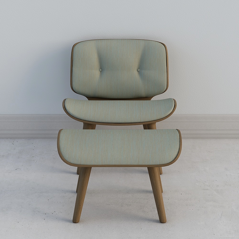Mid-century modern light green fabric lounge chair and ottoman with wooden legs on grey background