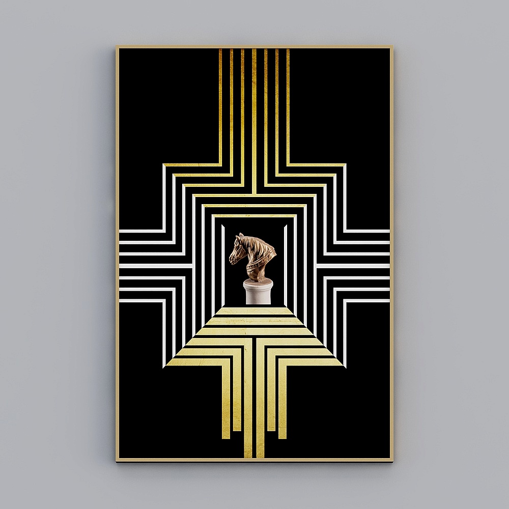 New Chinese light luxury abstract gold square geometric line living room decoration painting