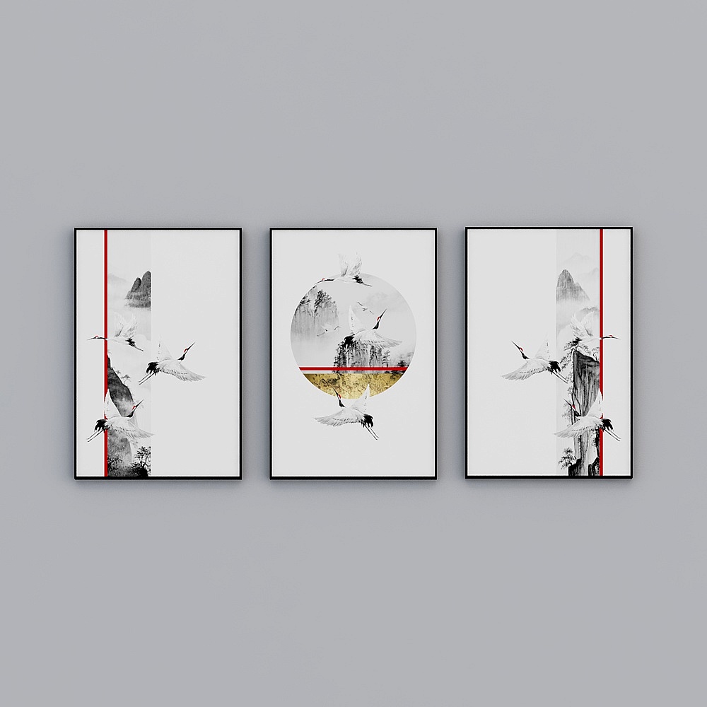 The new Chinese hand-painted ink-and-ink flying crane abstract landscape triple living room decoration painting