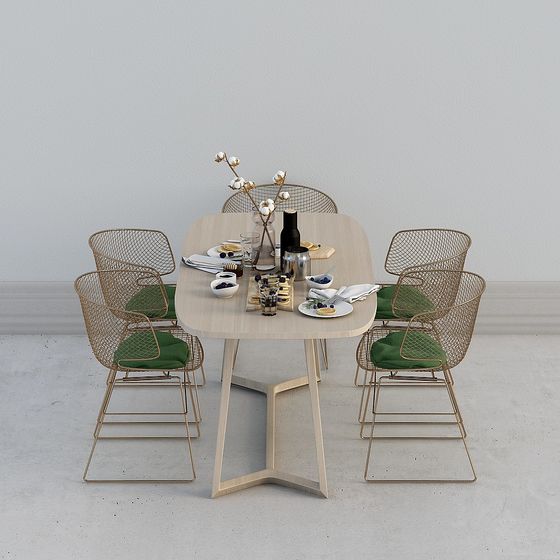 Minimalist Round Table and Metal Mesh Chairs 3D model