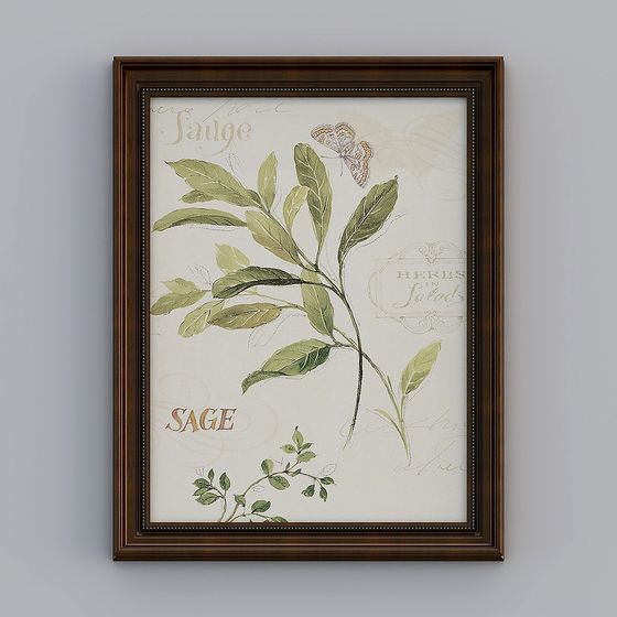 Classic dark brown framed wall art with green sage leaves and butterfly on grey background