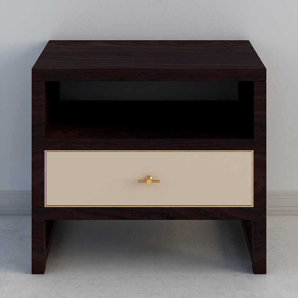 Modern dark wood nightstand with beige drawer and gold handle on grey background