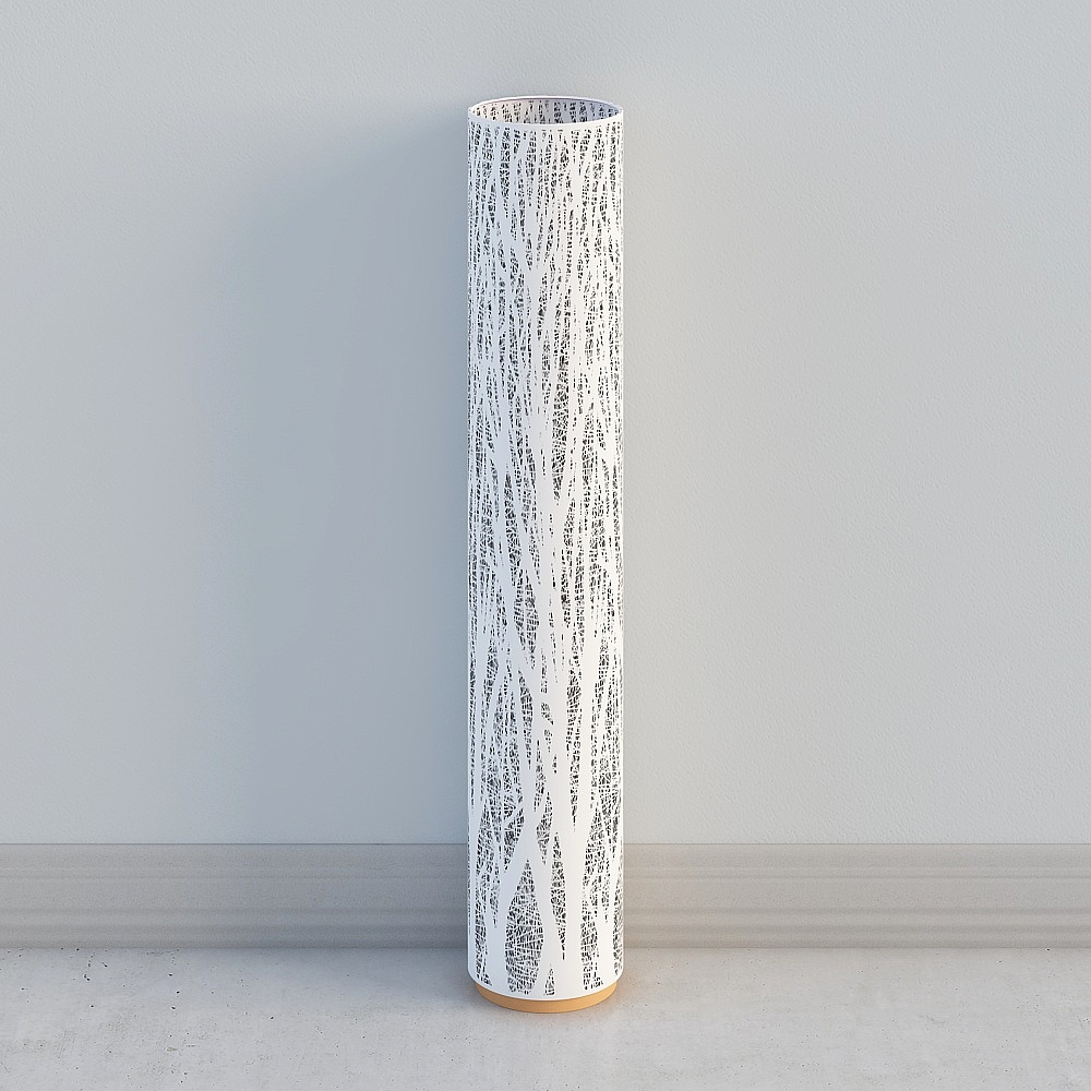 Tall white cylindrical vase with black tree pattern and wood base on grey background