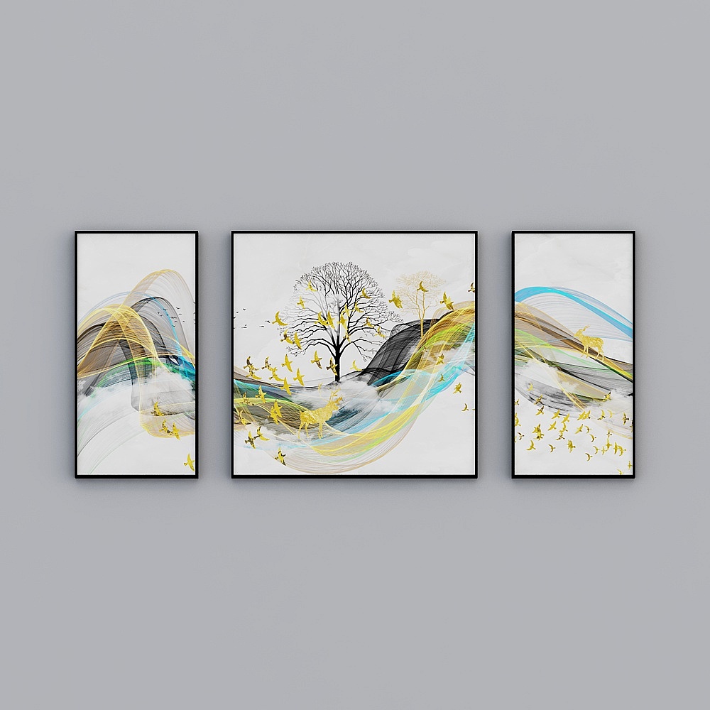 The Nordic living room of the  modern abstract landscape forest bird is decorated with paintings