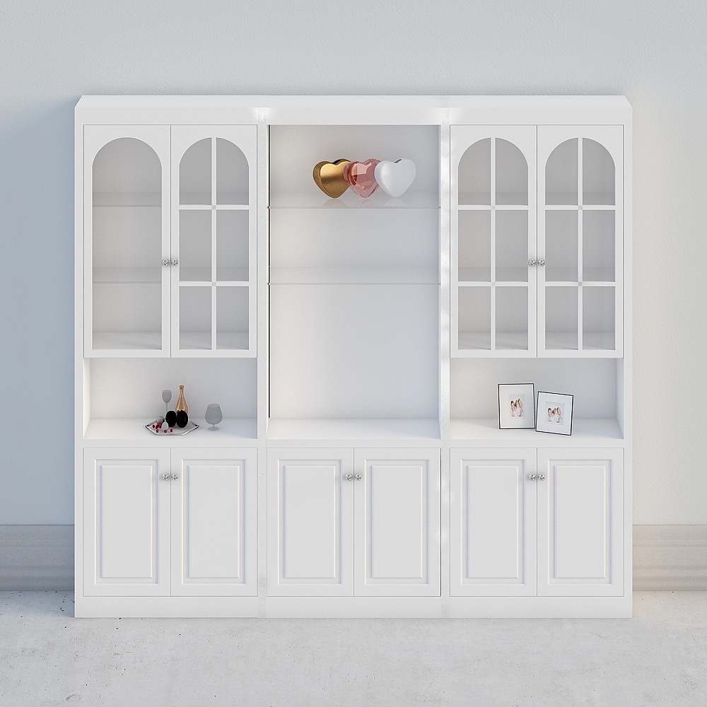 White wall unit cabinet with glass doors and shelves on grey background