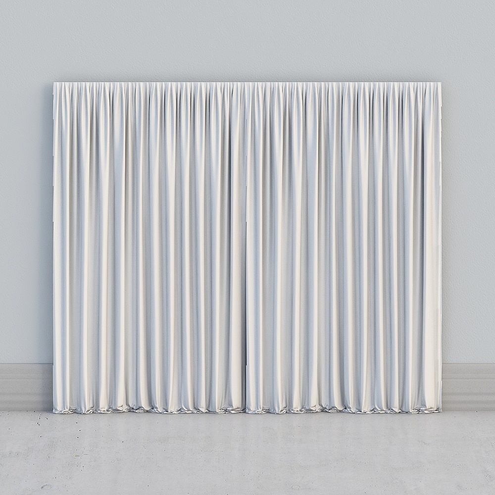 White pleated curtain with vertical folds hanging on light grey wall background