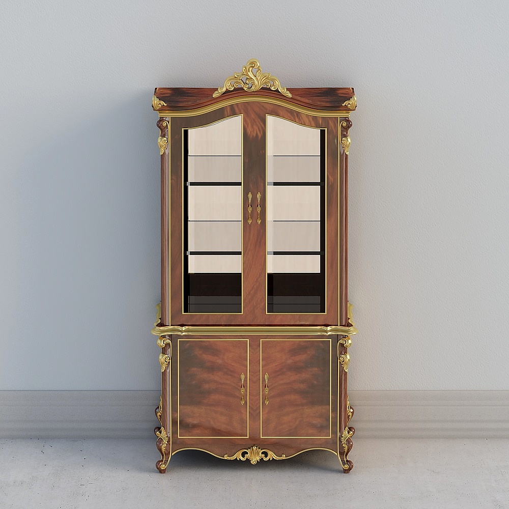 Classic tall wooden cabinet with glass doors and gold trim on grey background