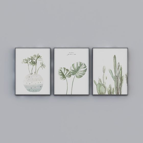 Lush Green Plants Triptych 3D model