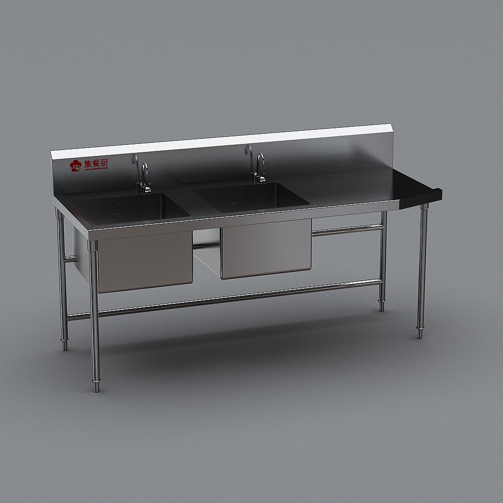 Commercial stainless steel double sink unit with two faucets and drainboards on grey background