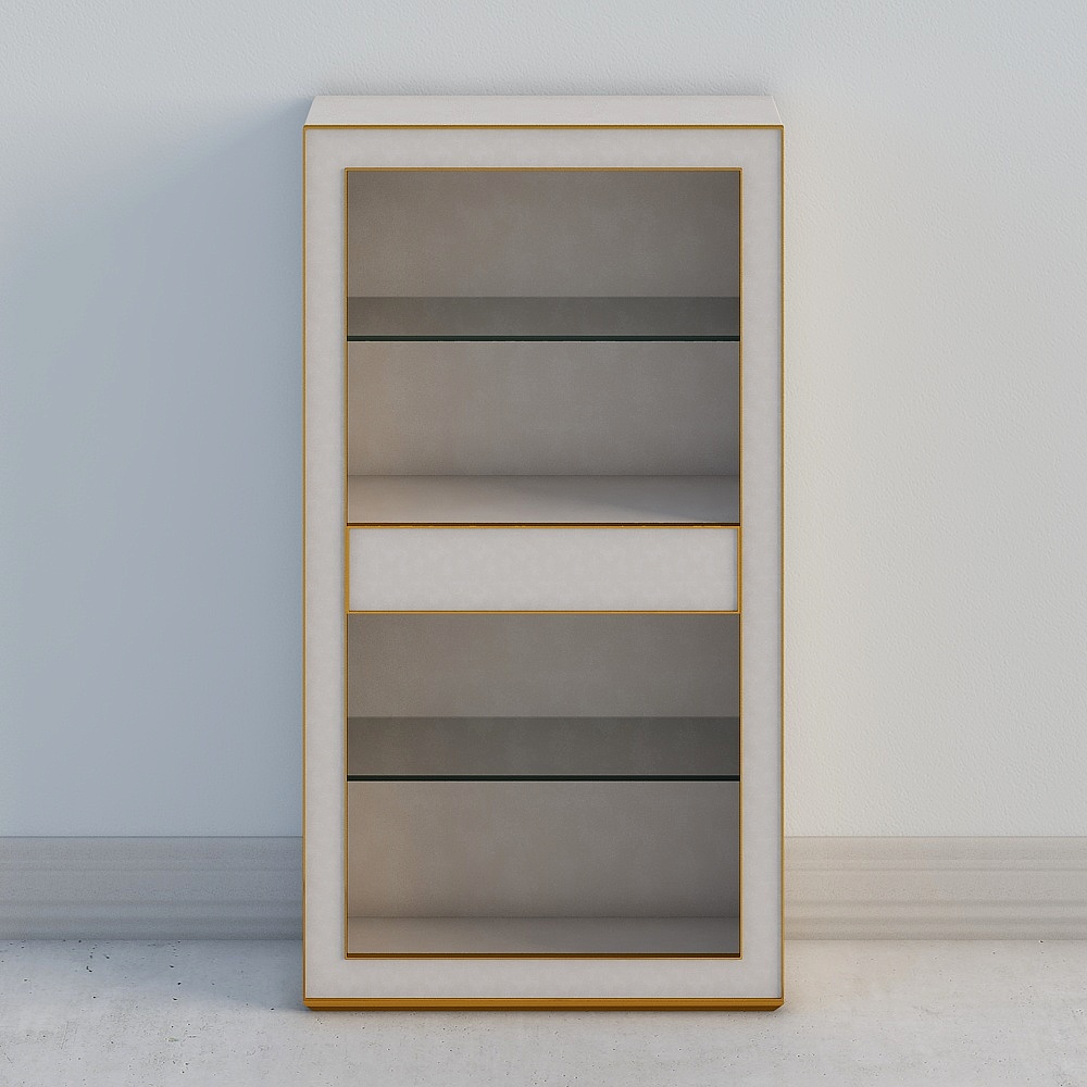 Modern white display cabinet with gold frame and glass shelves on white background