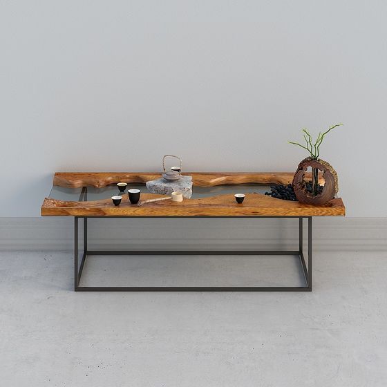 Modern light brown wood and glass coffee table with black metal legs on grey background