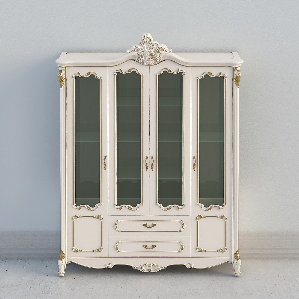 Classic white display cabinet with glass doors and gold trim on grey background