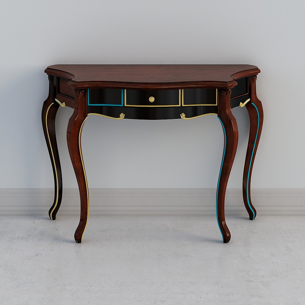Classic dark wood console table with black drawer and gold trim on grey background