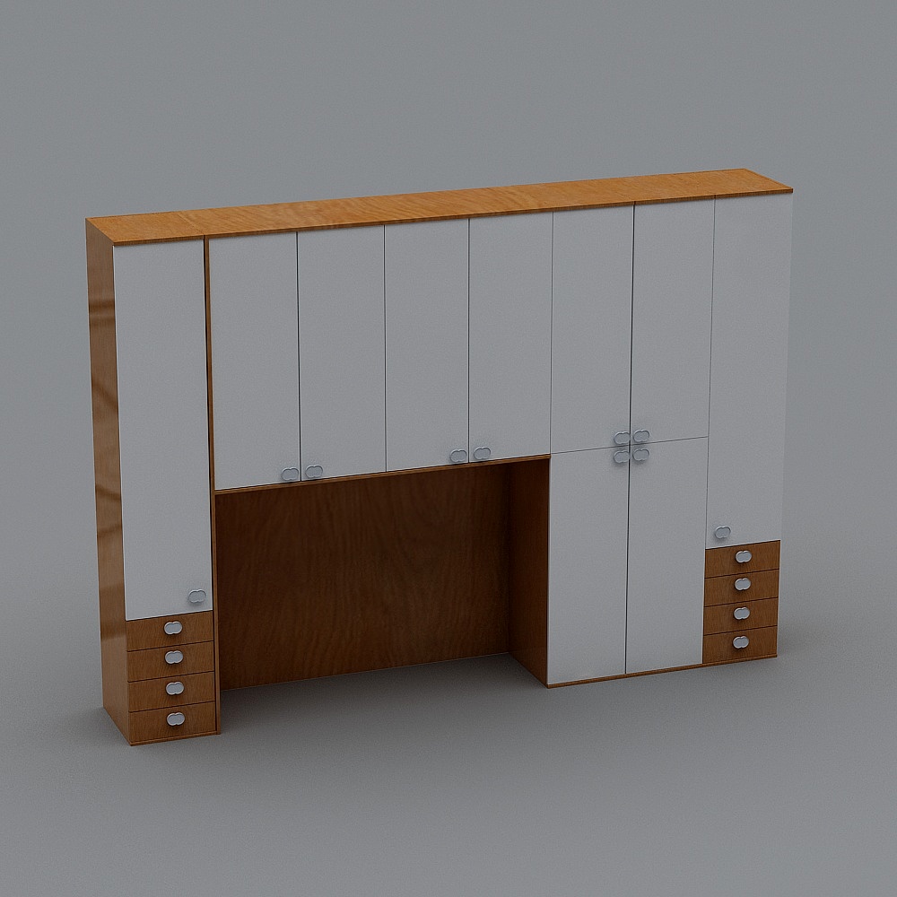 Modern white and wood wall cabinet with drawers and open shelf on grey background