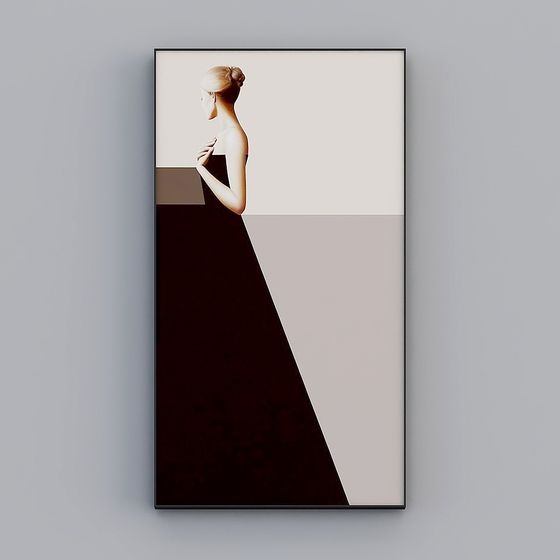 Vertical framed art print of woman in black dress on beige and grey background