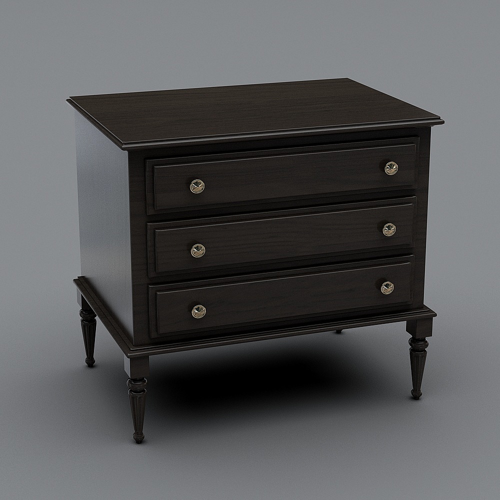 Classic dark brown wooden cabinet with three drawers and round silver handles on grey background