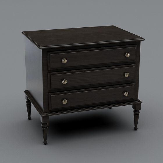 Classic dark brown wooden cabinet with three drawers and round silver handles on grey background