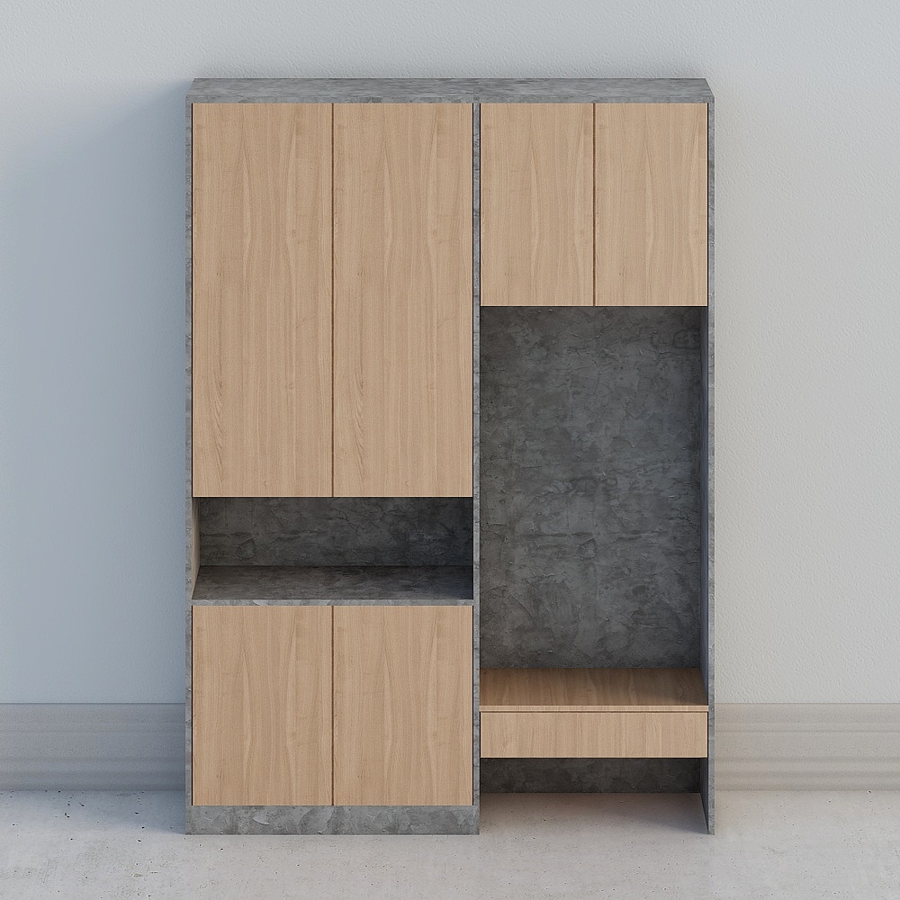 Modern tall wooden cabinet with concrete frame and open shelf on grey background