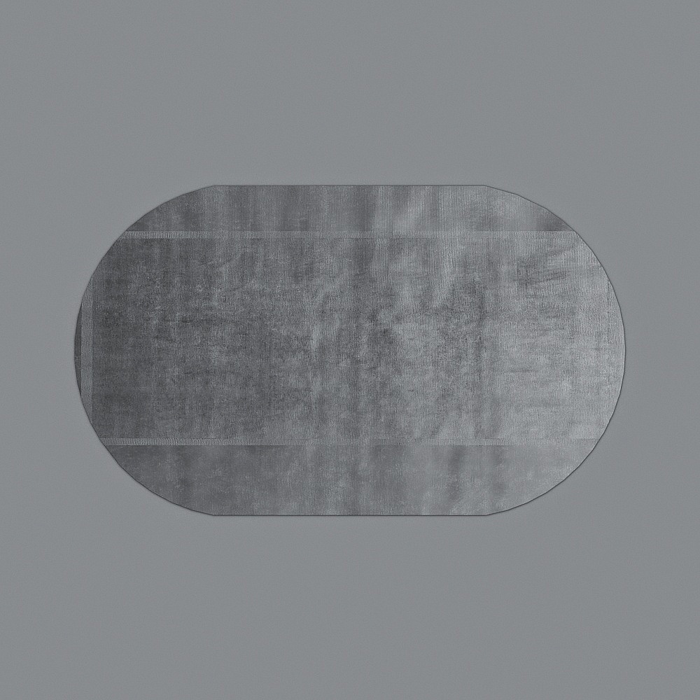 Modern oval grey rug with textured fabric and striped border on grey background