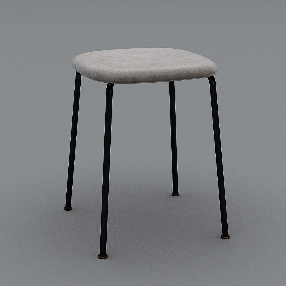 Modern round stool with light grey fabric seat and black metal legs on grey background