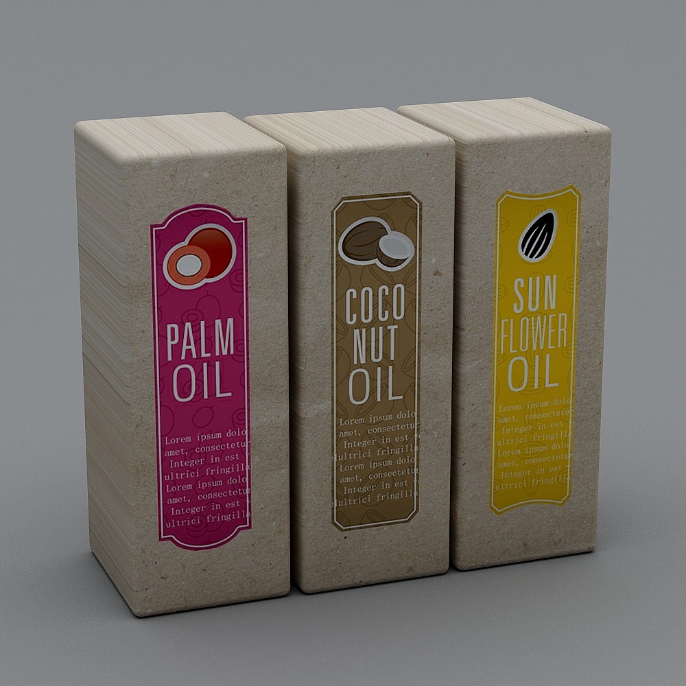Three beige cardboard boxes for palm coconut sunflower oil with colorful labels on grey background